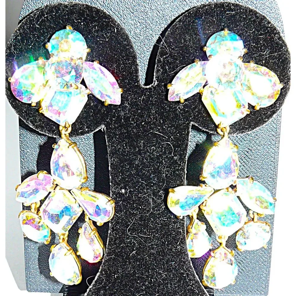 J.Crew Aurora Borealis Crystal Drop Earrings Gold-Tone Statement Jewelry 3
